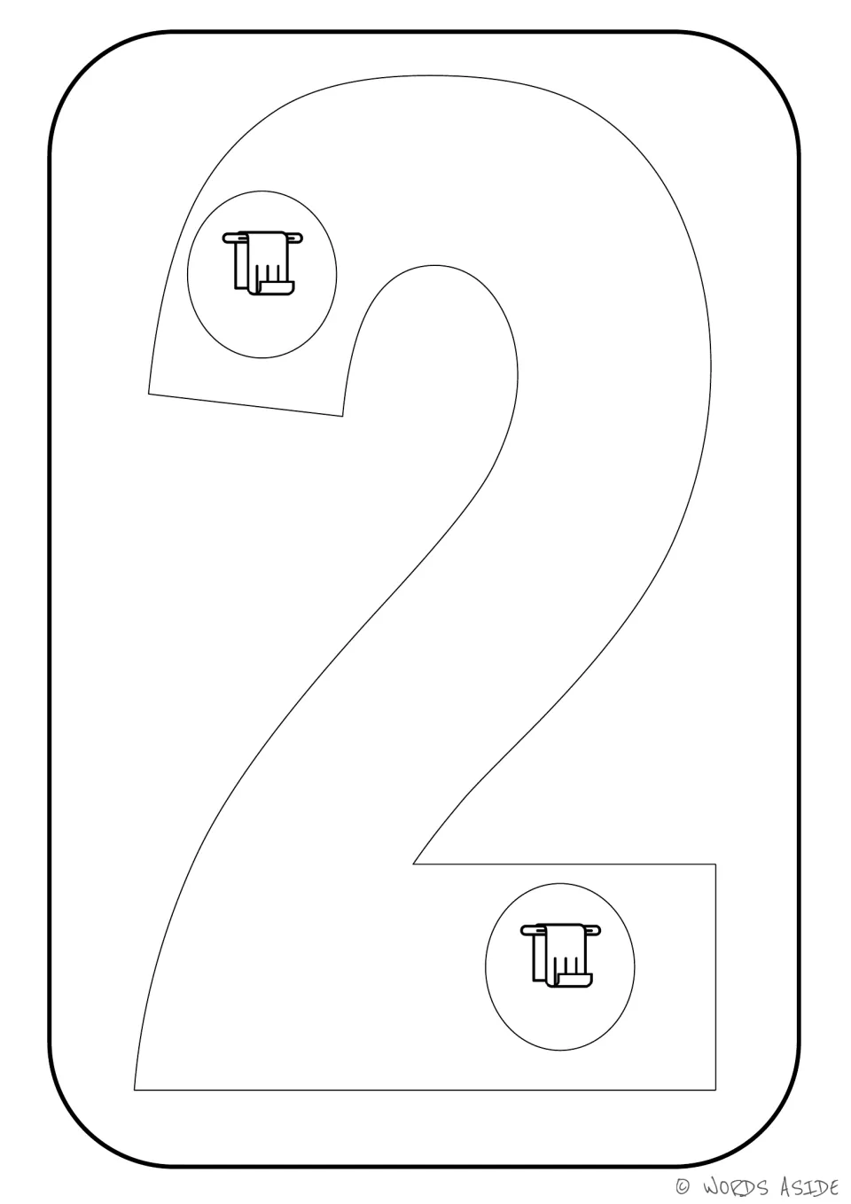 Number representation card 2: numeral 2 containing two towel pictures to connect the number to its quantity.