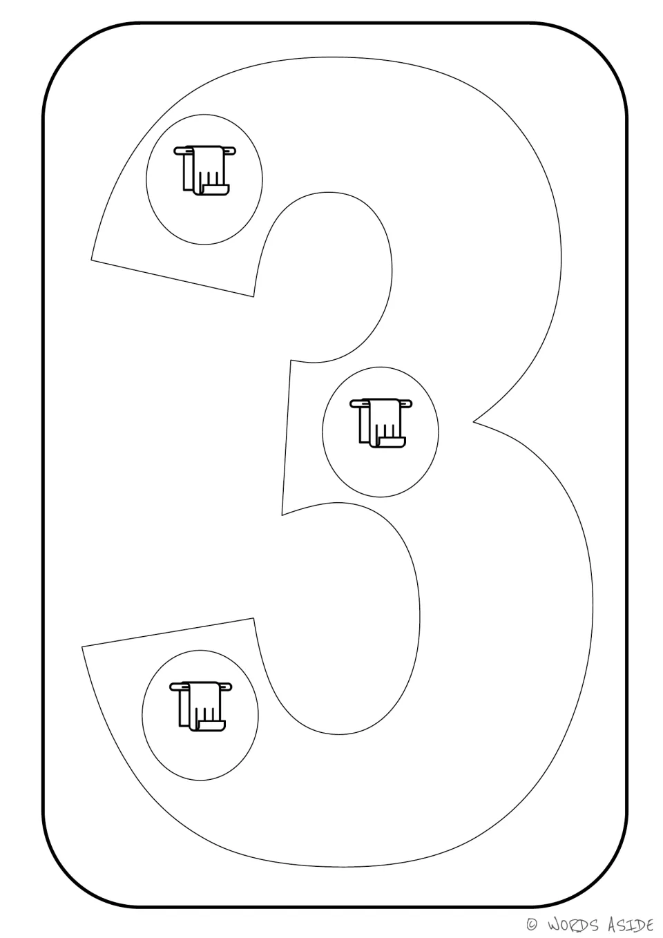 Number representation card 3: numeral 3 containing three towel pictures to connect the number to its quantity.