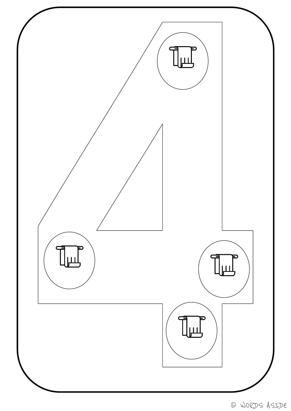 Number representation card 4: numeral 4 containing four towel pictures to connect the number to its quantity.