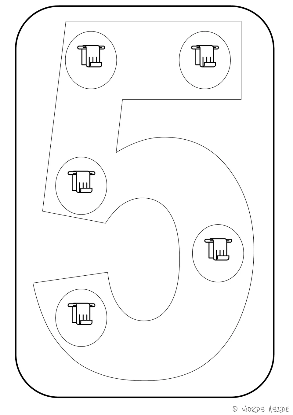 Number representation card 5: numeral 5 containing five towel pictures to connect the number to its quantity.