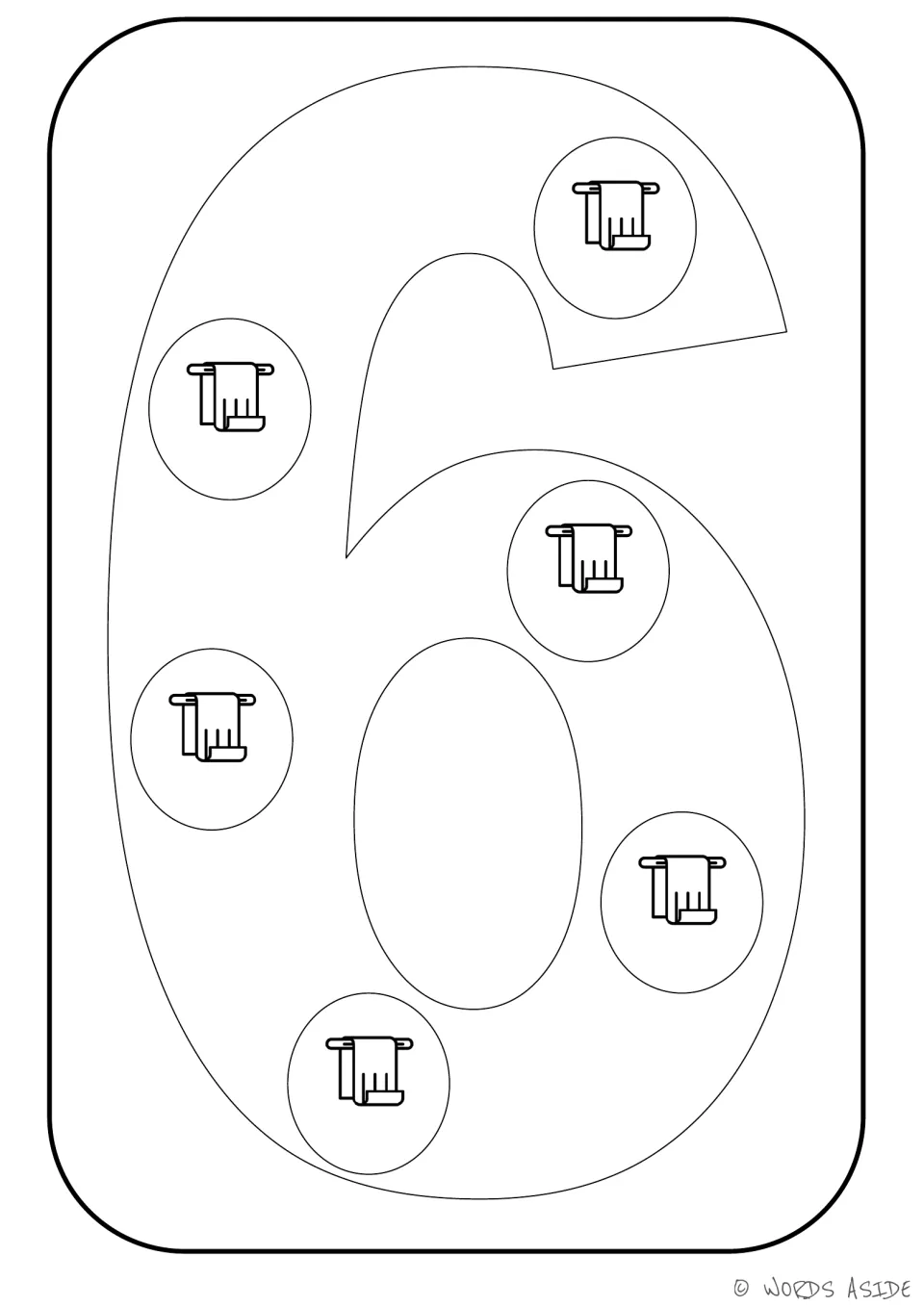 Number representation card 6: numeral 6 containing six towel pictures to connect the number to its quantity.