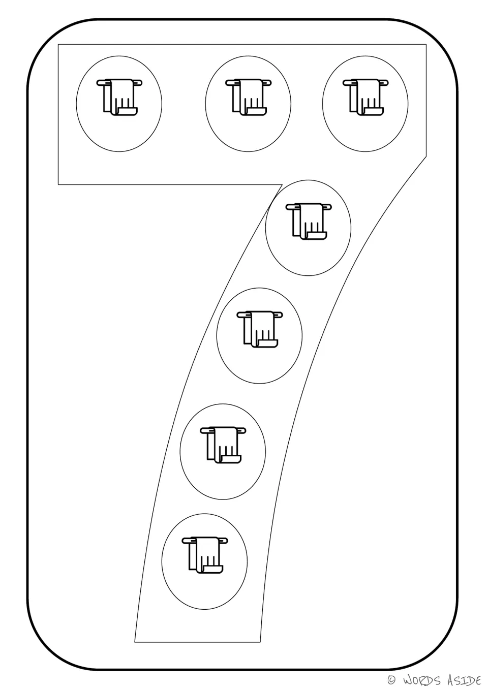 Number representation card 7: numeral 7 containing seven towel pictures to connect the number to its quantity.