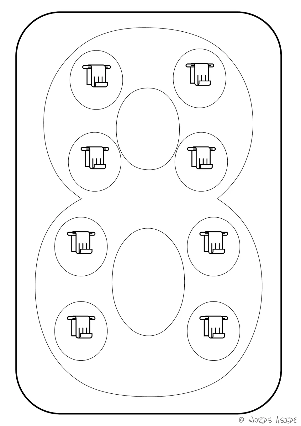 Number representation card 8: numeral 8 containing eight towel pictures to connect the number to its quantity.