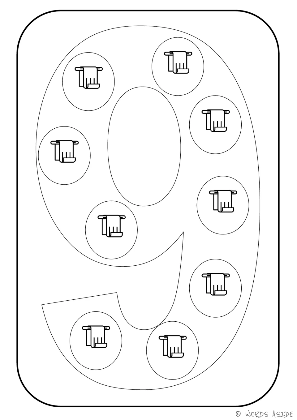 Number representation card 9: numeral 9 containing nine towel pictures to connect the number to its quantity.