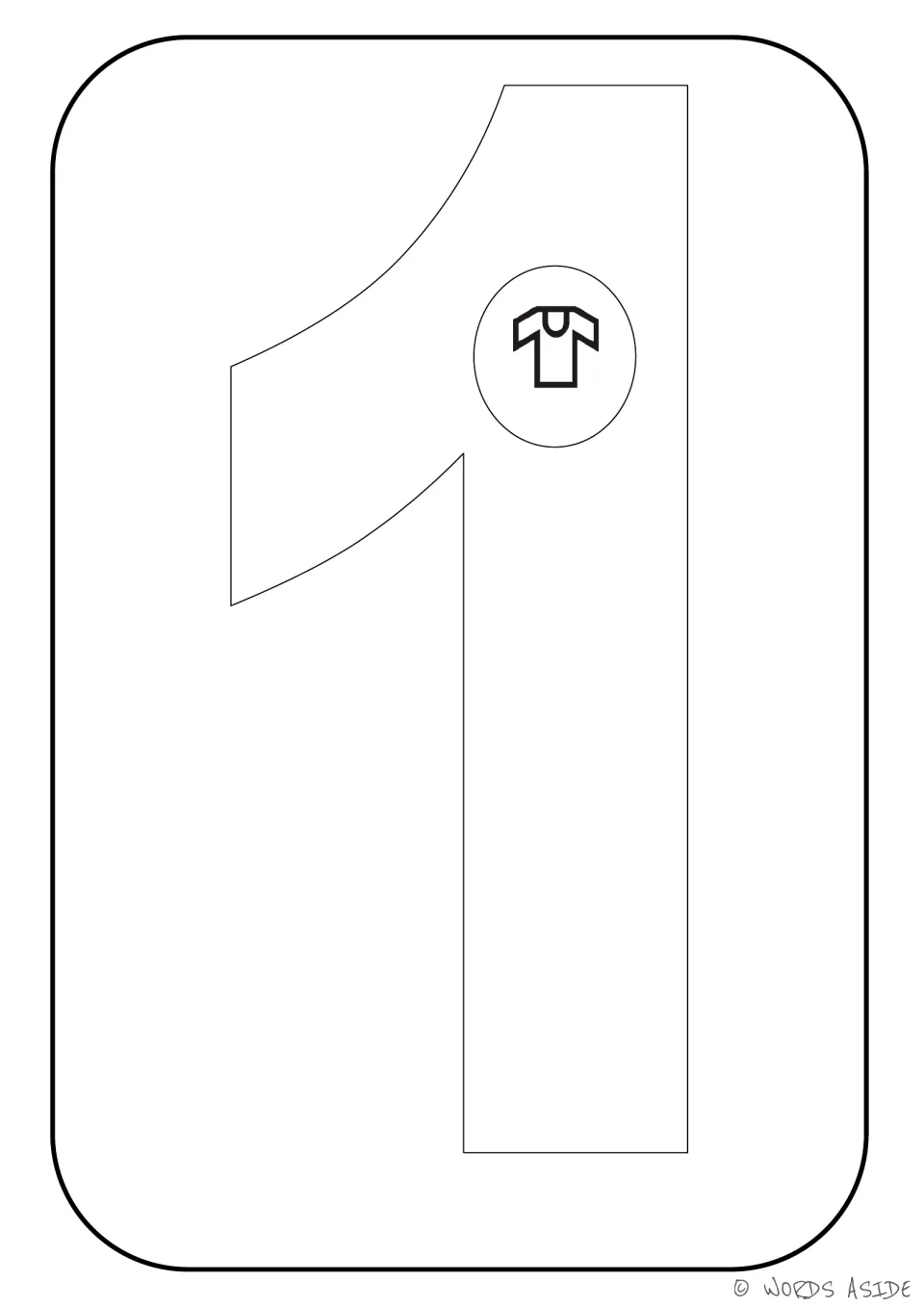 Number representation card 1 of 9: numeral 1 contains one shirt symbol for counting and coloring.