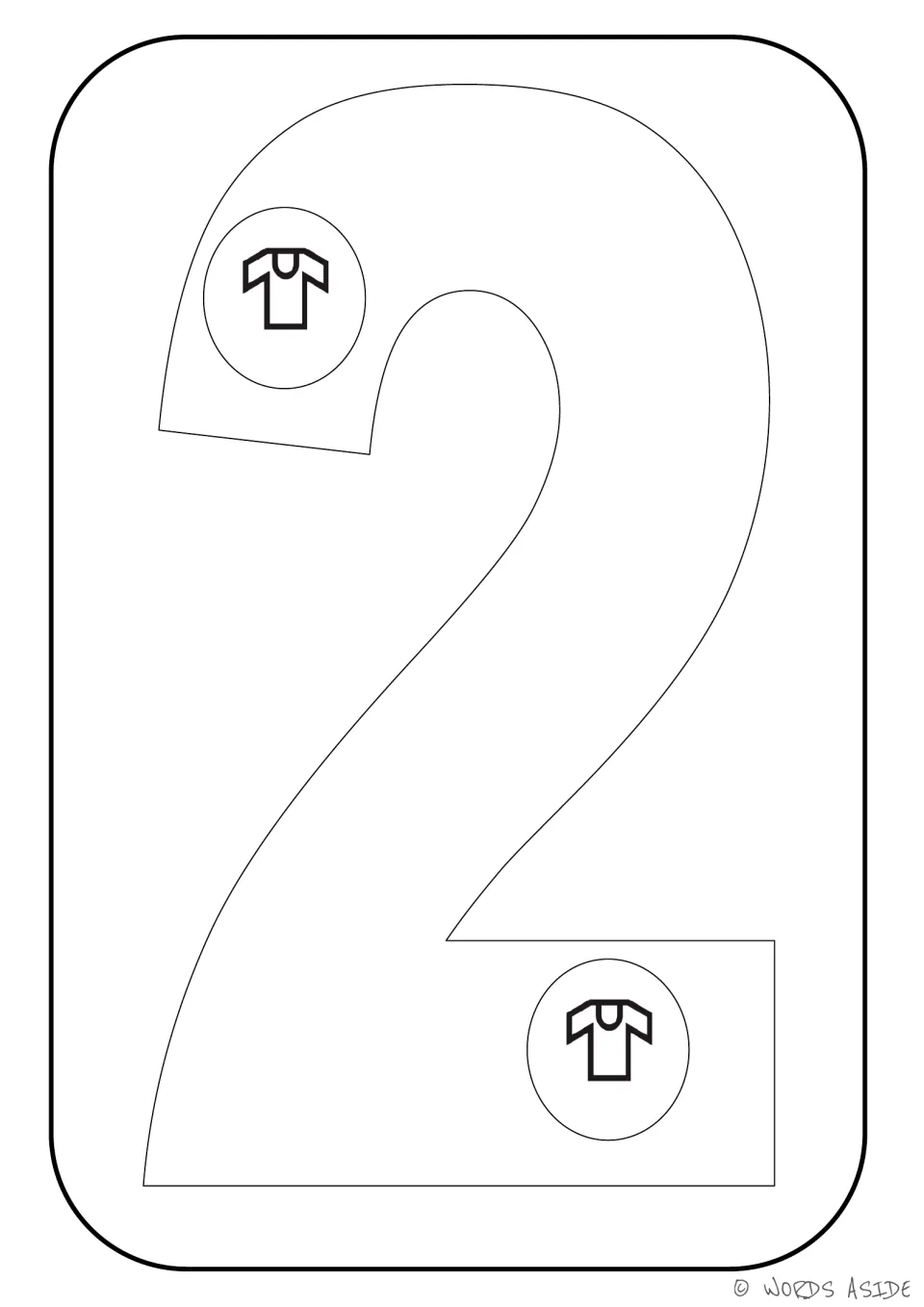 Number representation card 2 of 9: numeral 2 contains two shirt symbols for counting and coloring.