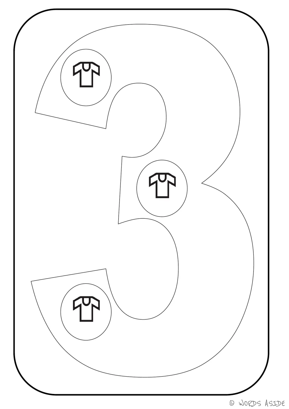 Number representation card 3 of 9: numeral 3 contains three shirt symbols for counting and coloring.