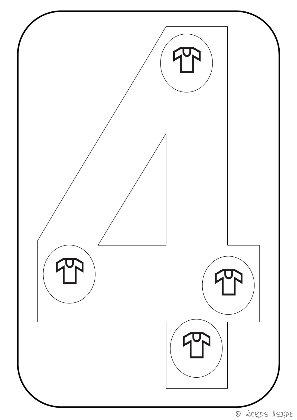 Number representation card 4 of 9: numeral 4 contains four shirt symbols for counting and coloring.