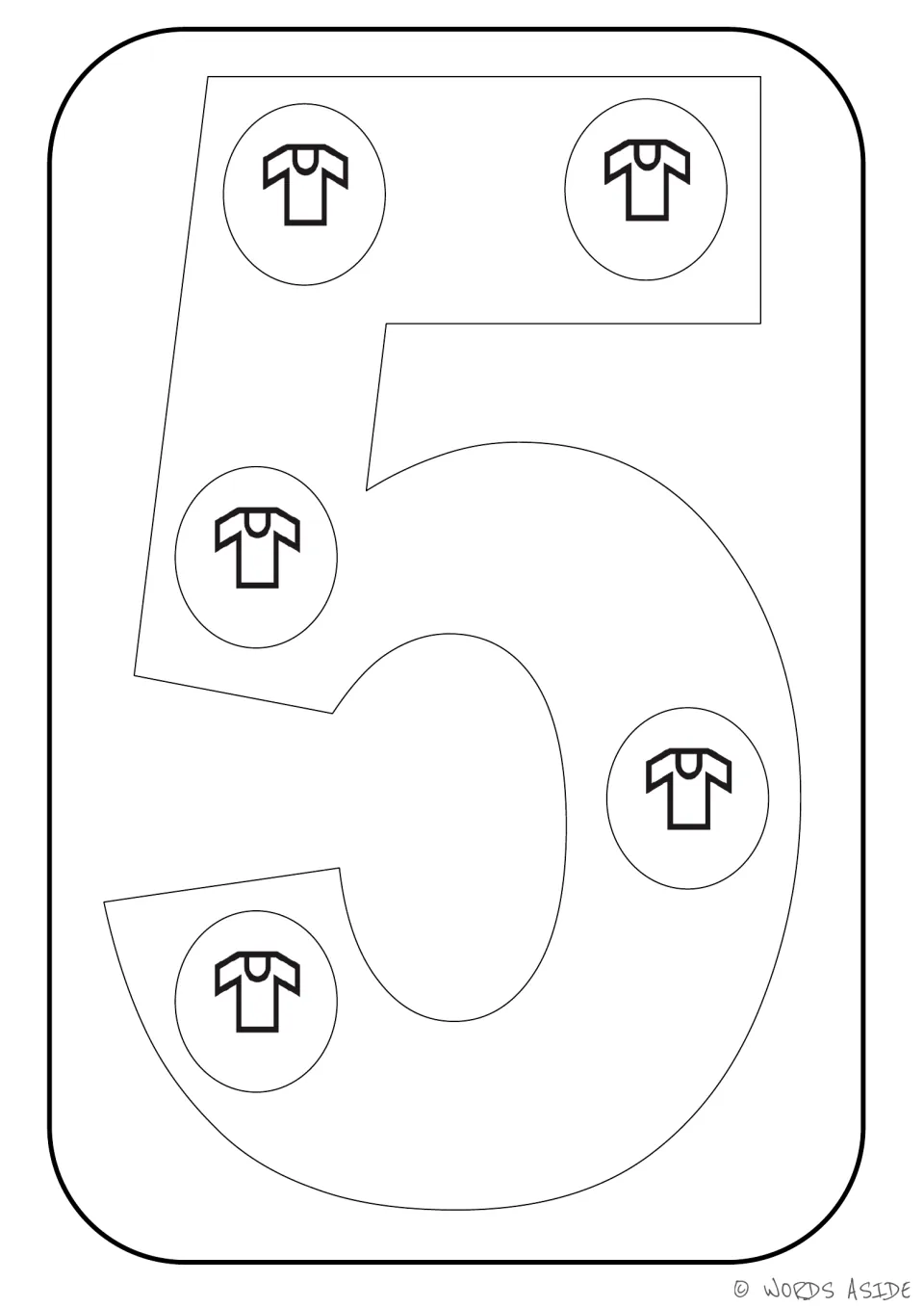 Number representation card 5 of 9: numeral 5 contains five shirt symbols for counting and coloring.