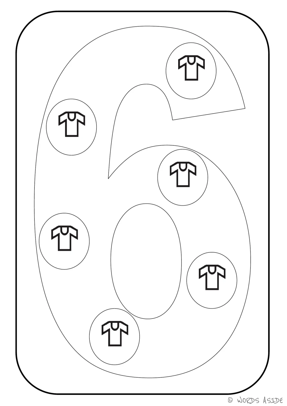 Number representation card 6 of 9: numeral 6 contains six shirt symbols for counting and coloring.