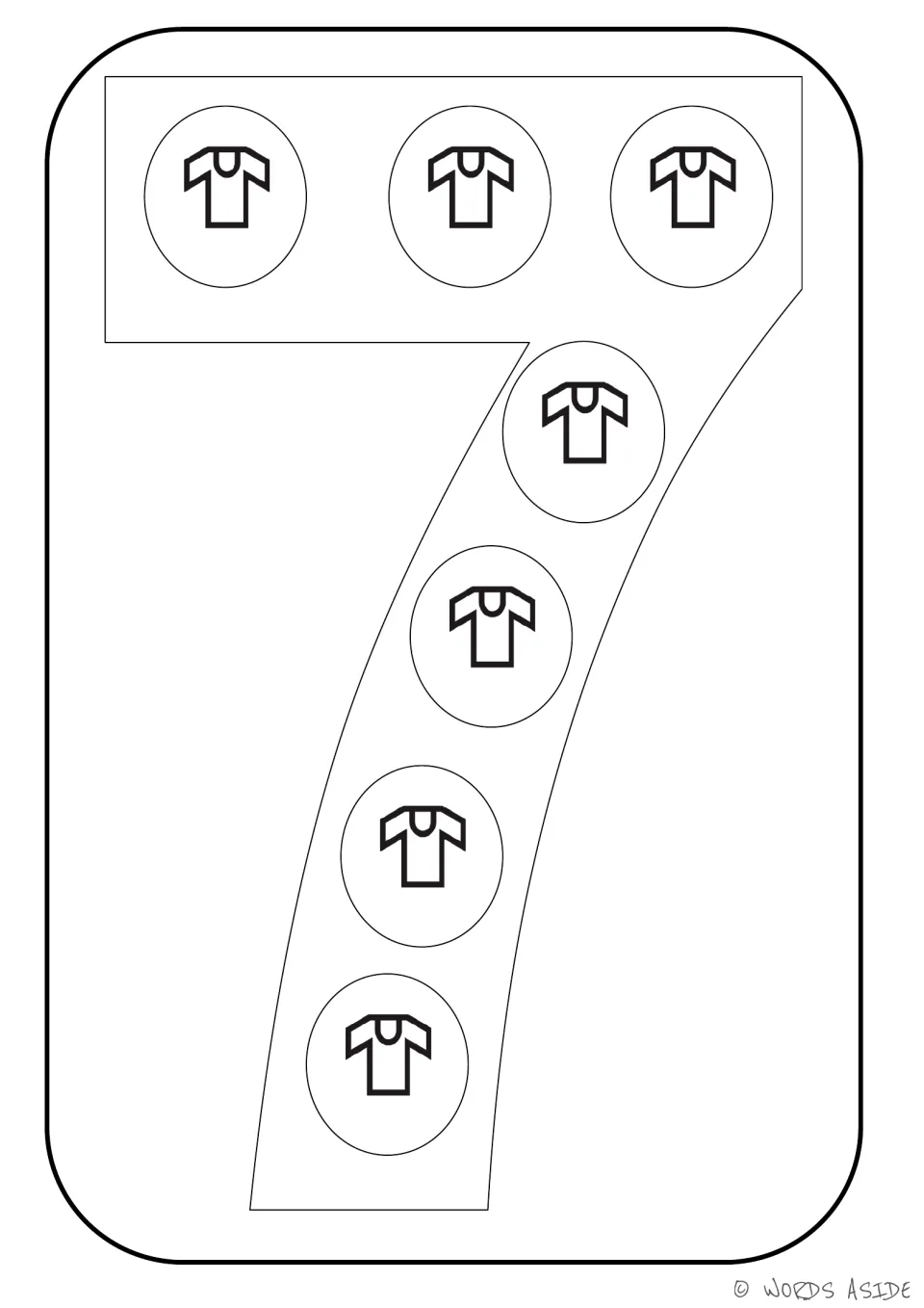 Number representation card 7 of 9: numeral 7 contains seven shirt symbols for counting and coloring.