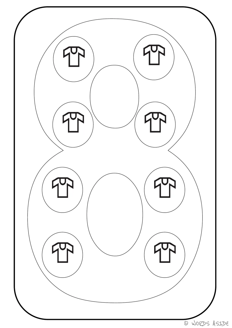 Number representation card 8 of 9: numeral 8 contains eight shirt symbols for counting and coloring.