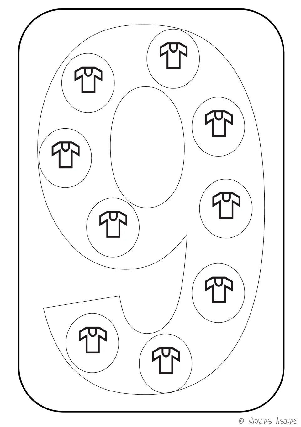 Number representation card 9 of 9: numeral 9 contains nine shirt symbols for counting and coloring.