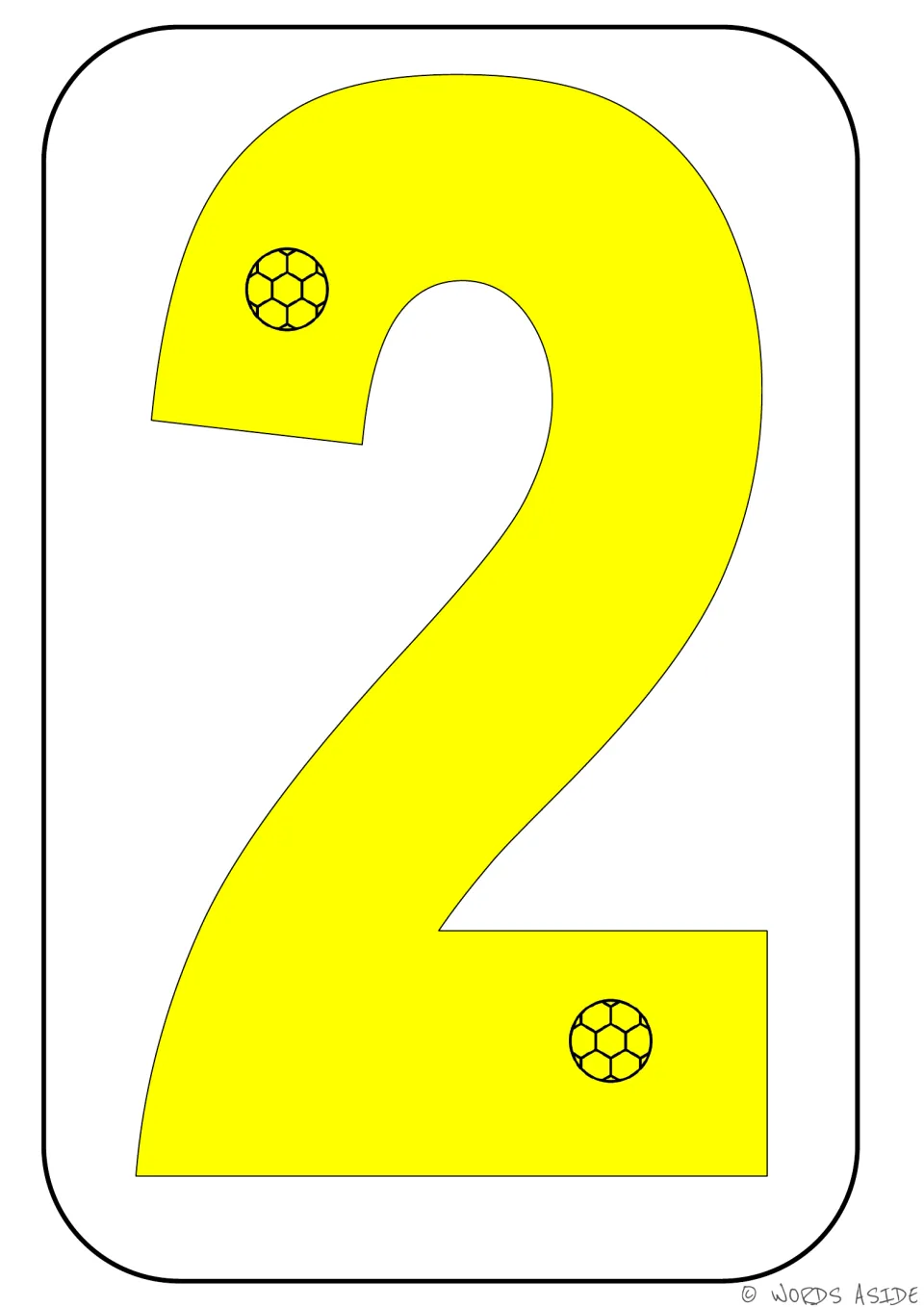 Number representation card 2 of 9: a large yellow numeral 2 and two soccer balls showing the quantity two.