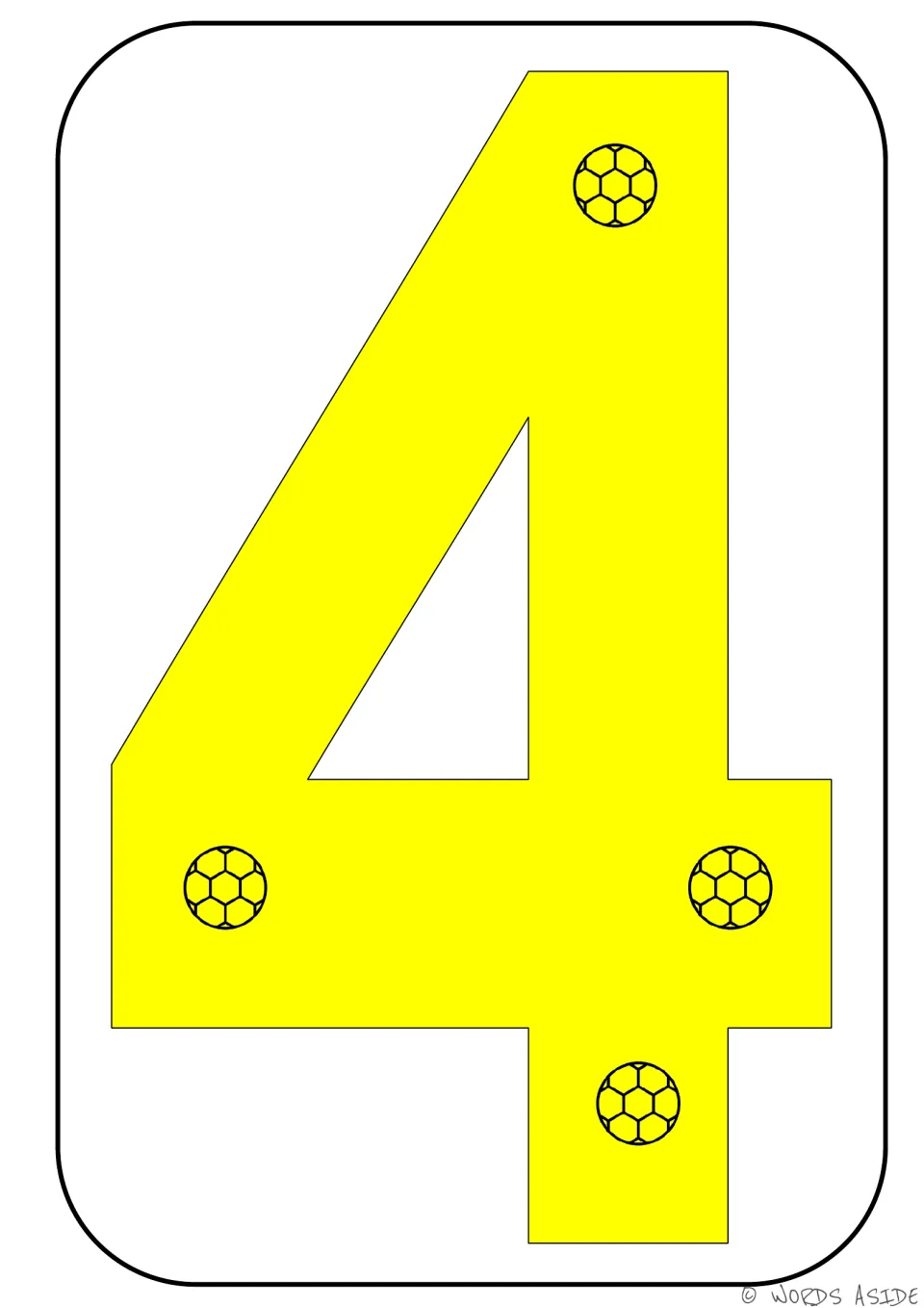 Number representation card 4 of 9: a large yellow numeral 4 and four soccer balls showing the quantity four.