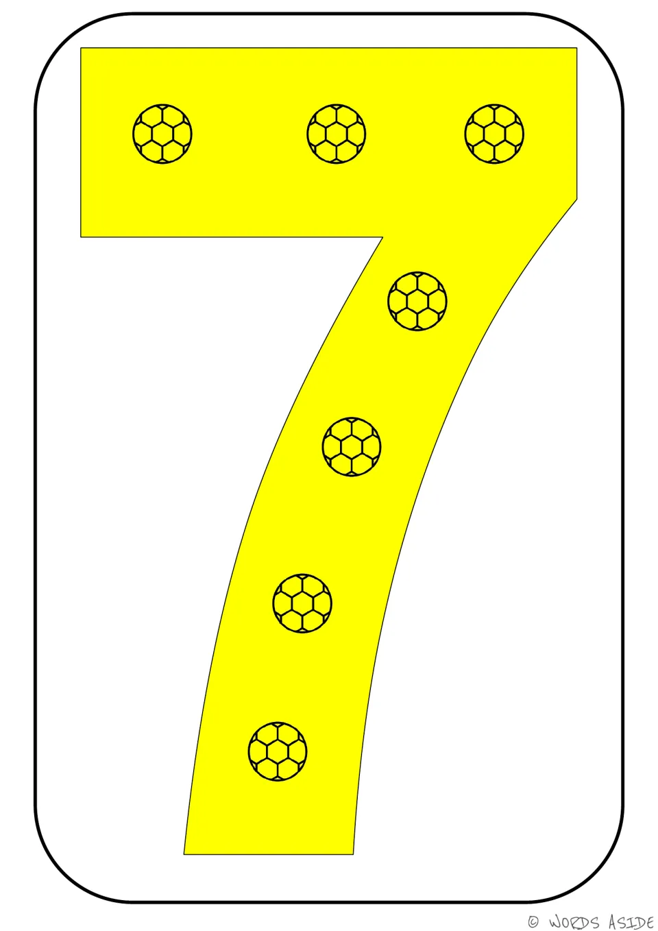 Number representation card 7 of 9: a large yellow numeral 7 and seven soccer balls showing the quantity seven.