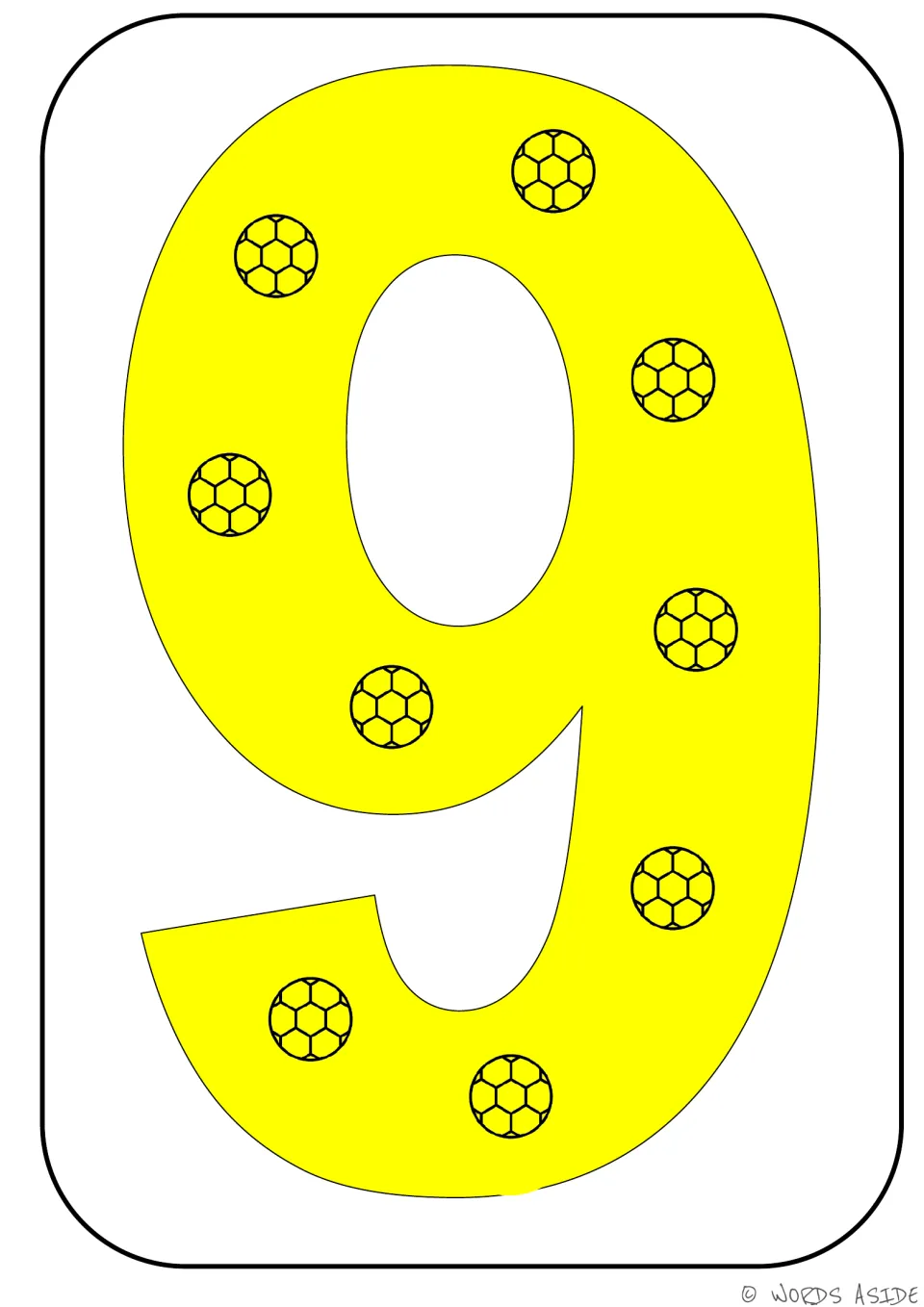 Number representation card 9 of 9: a large yellow numeral 9 and nine soccer balls showing the quantity nine.
