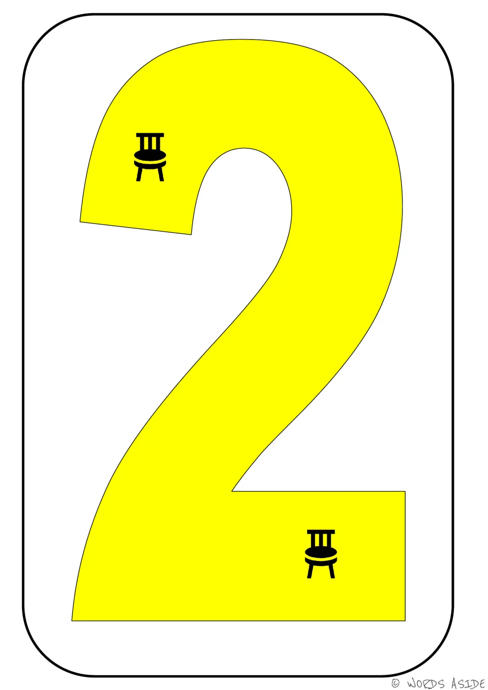 Number representation card 2 of 9: numeral 2 containing two chair symbols to show a quantity of two.