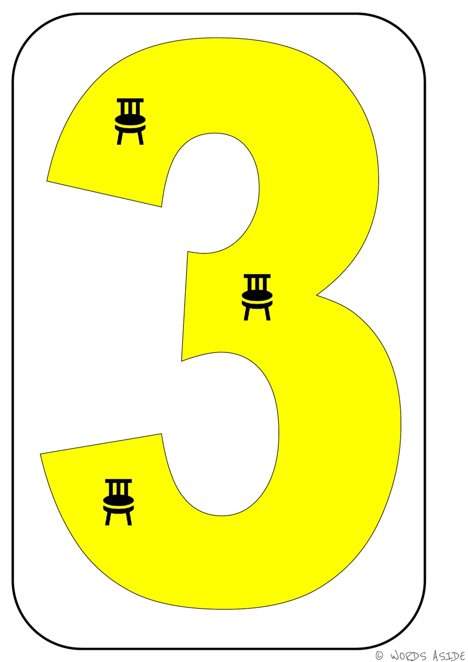 Number representation card 3 of 9: numeral 3 containing three chair symbols to show a quantity of three.
