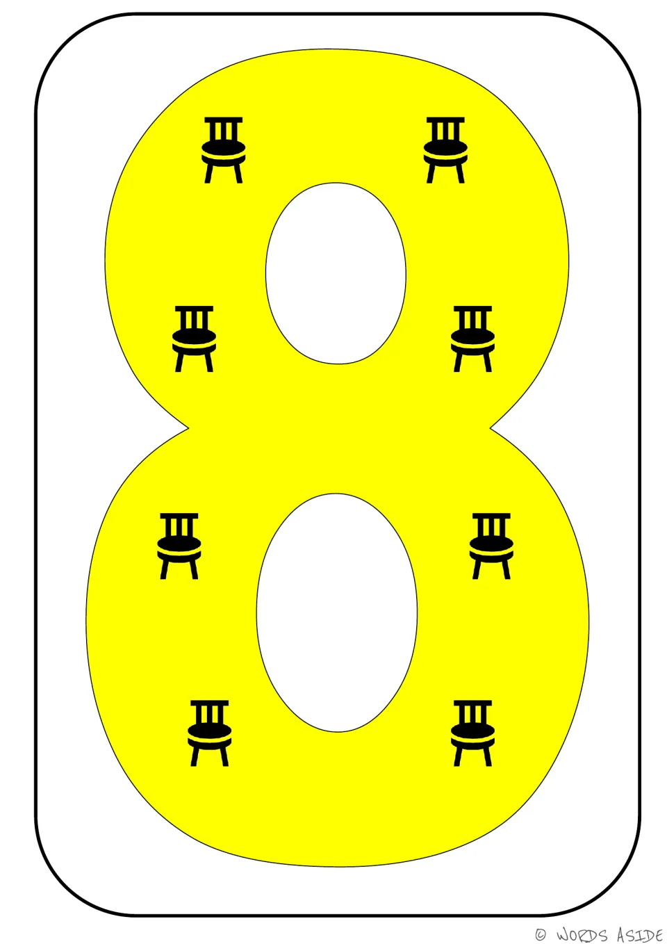 Number representation card 8 of 9: numeral 8 containing eight chair symbols to show a quantity of eight.
