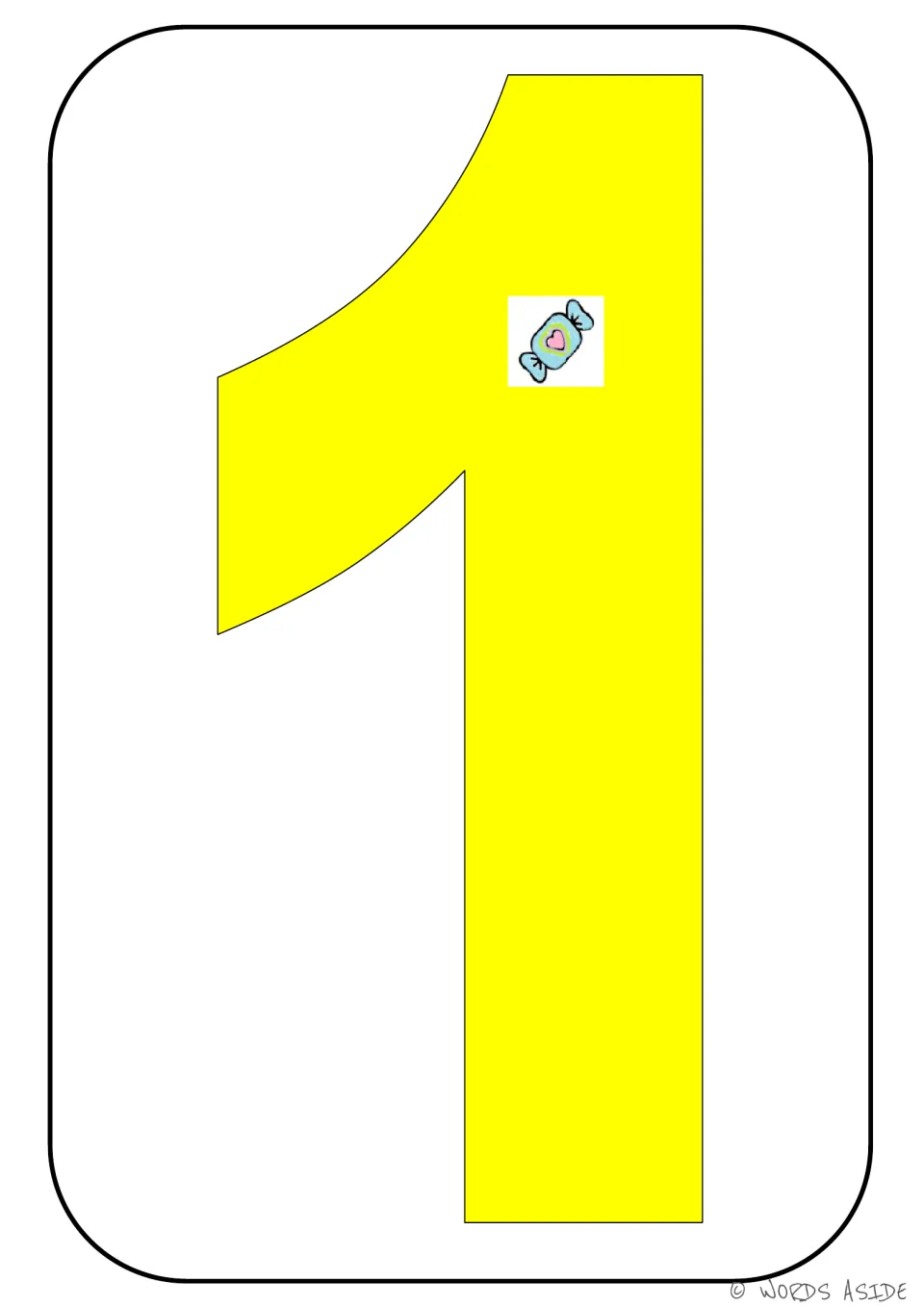 Number representation card 1 of 9: yellow numeral 1 with one candy picture showing the matching quantity.