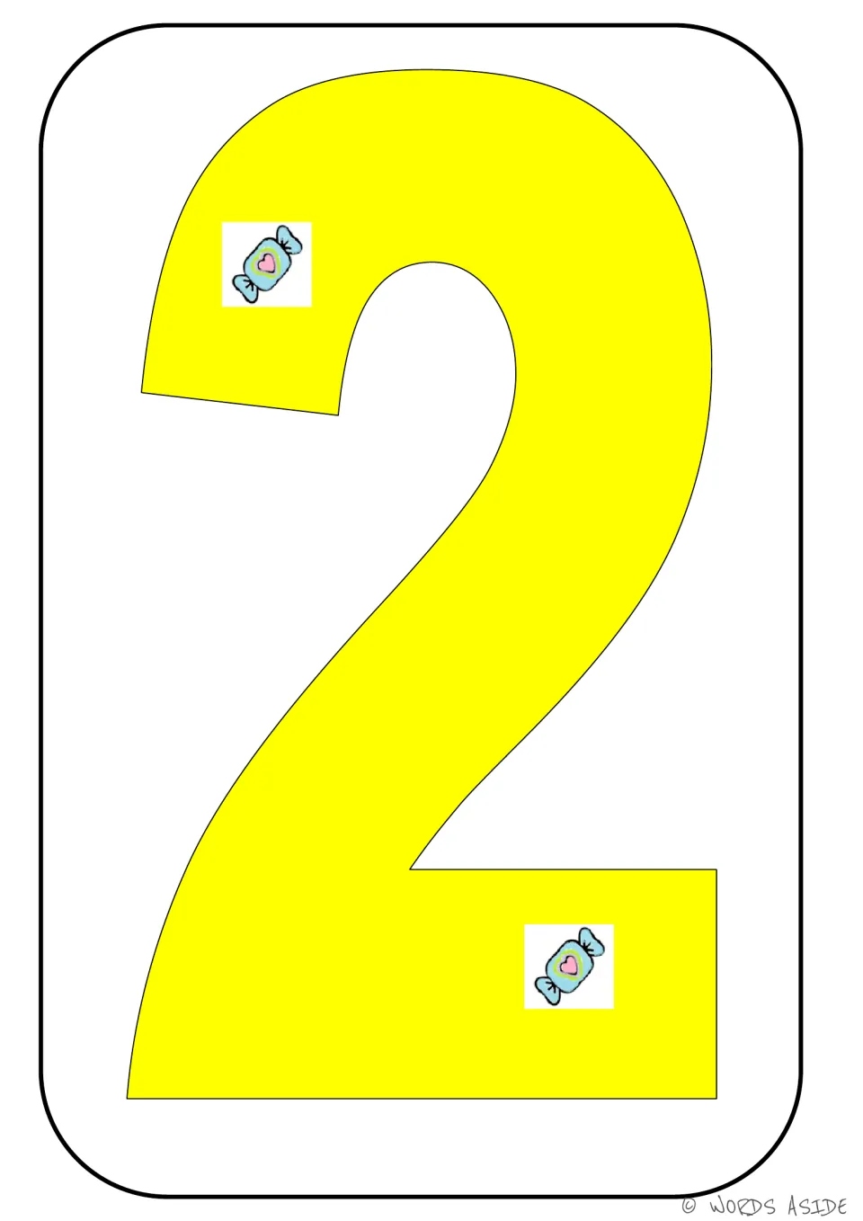 Number representation card 2 of 9: yellow numeral 2 with two candy pictures showing the matching quantity.