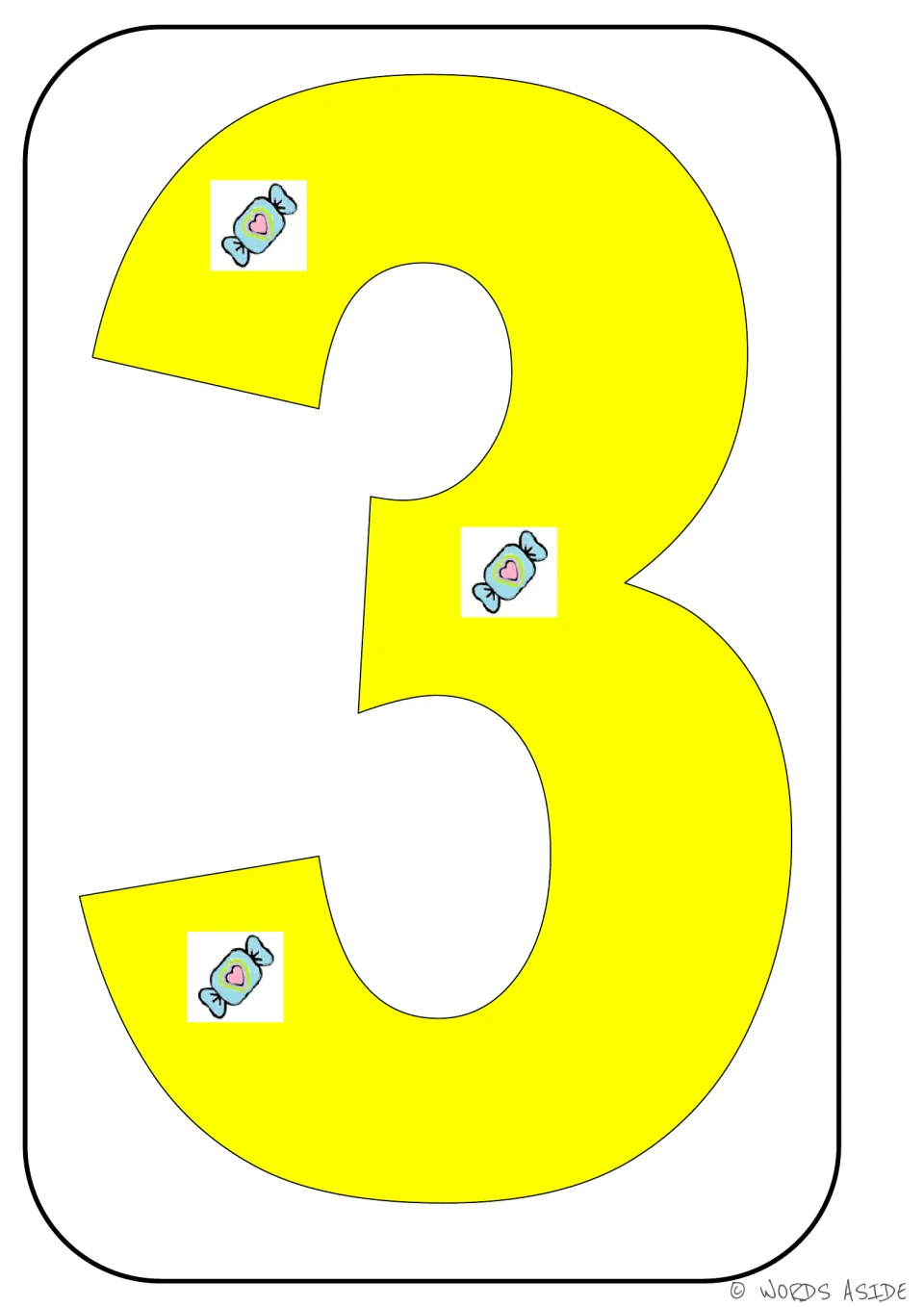 Number representation card 3 of 9: yellow numeral 3 with three candy pictures showing the matching quantity.