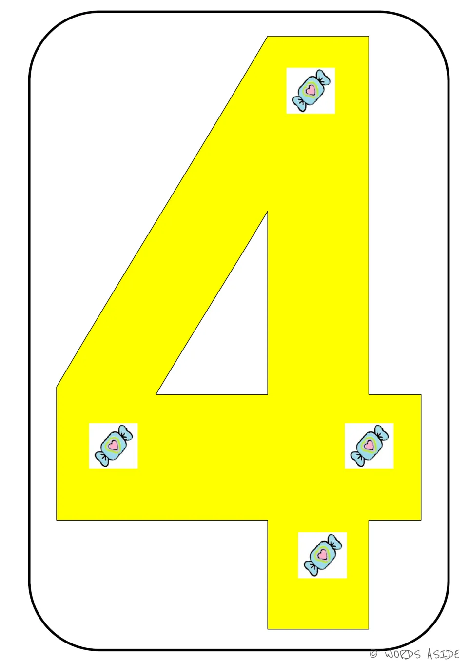 Number representation card 4 of 9: yellow numeral 4 with four candy pictures showing the matching quantity.
