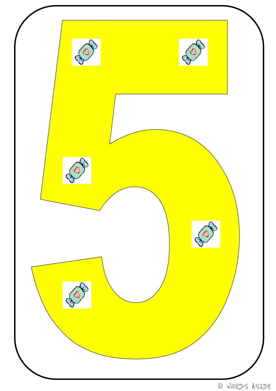 Number representation card 5 of 9: yellow numeral 5 with five candy pictures showing the matching quantity.