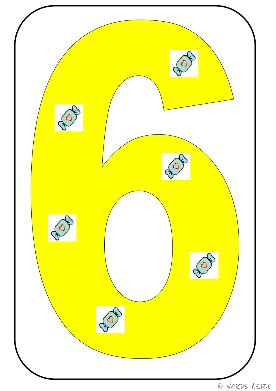 Number representation card 6 of 9: yellow numeral 6 with six candy pictures showing the matching quantity.
