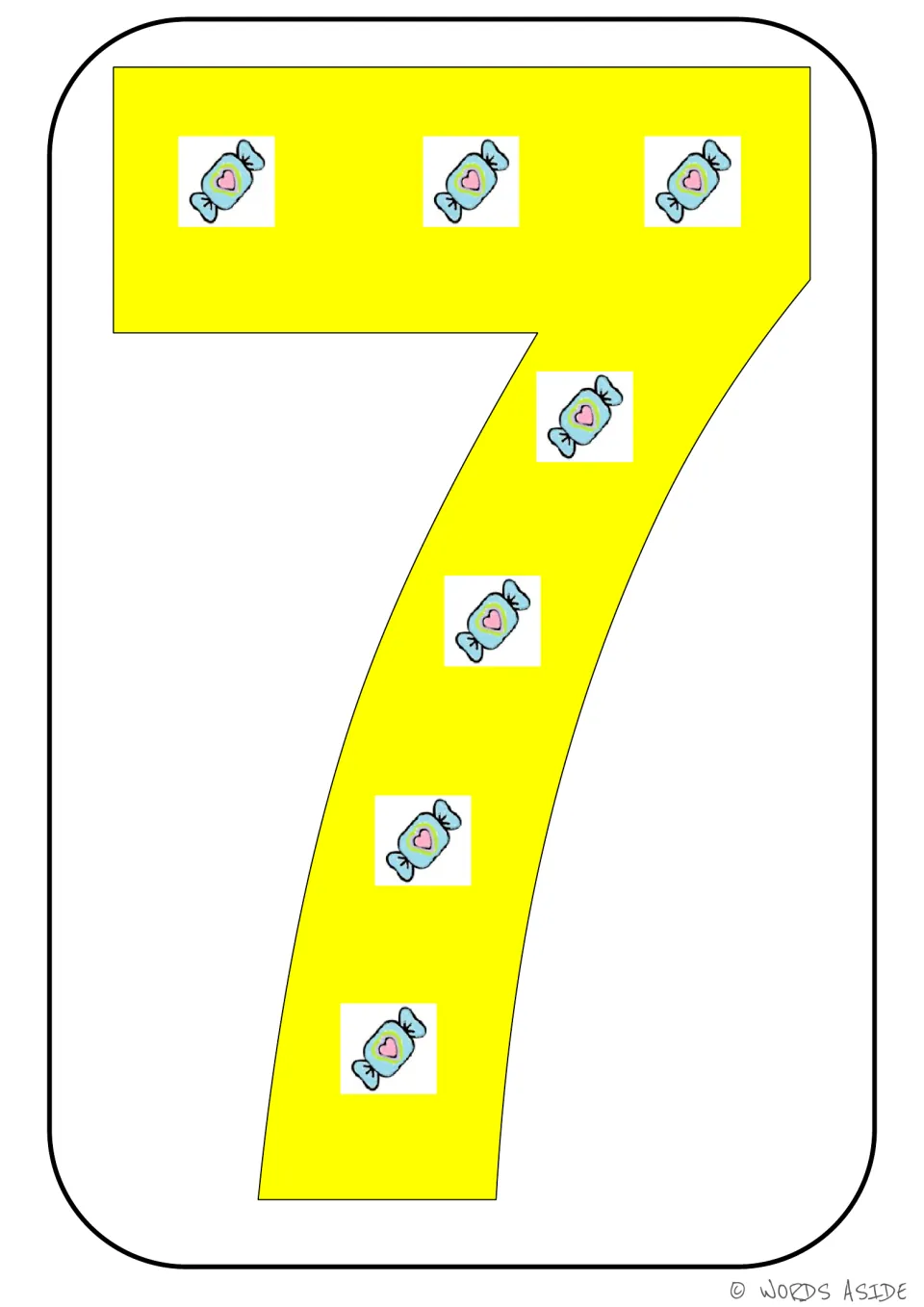 Number representation card 7 of 9: yellow numeral 7 with seven candy pictures showing the matching quantity.