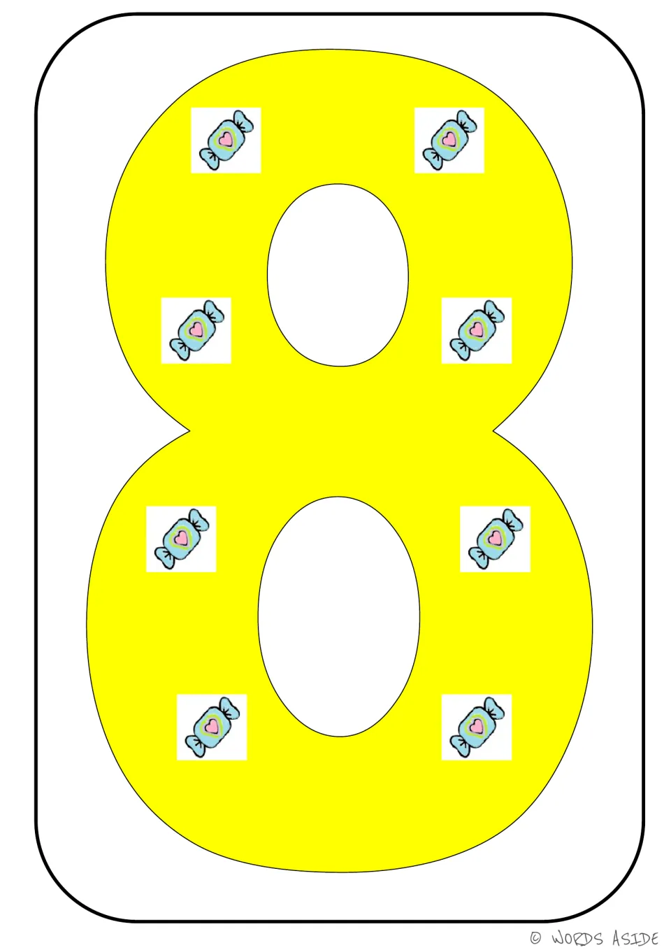Number representation card 8 of 9: yellow numeral 8 with eight candy pictures showing the matching quantity.