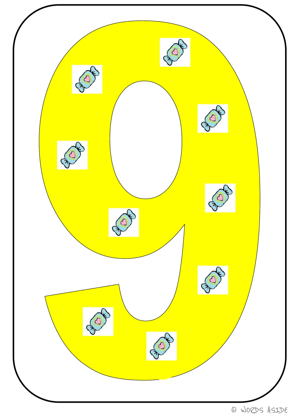 Number representation card 9 of 9: yellow numeral 9 with nine candy pictures showing the matching quantity.