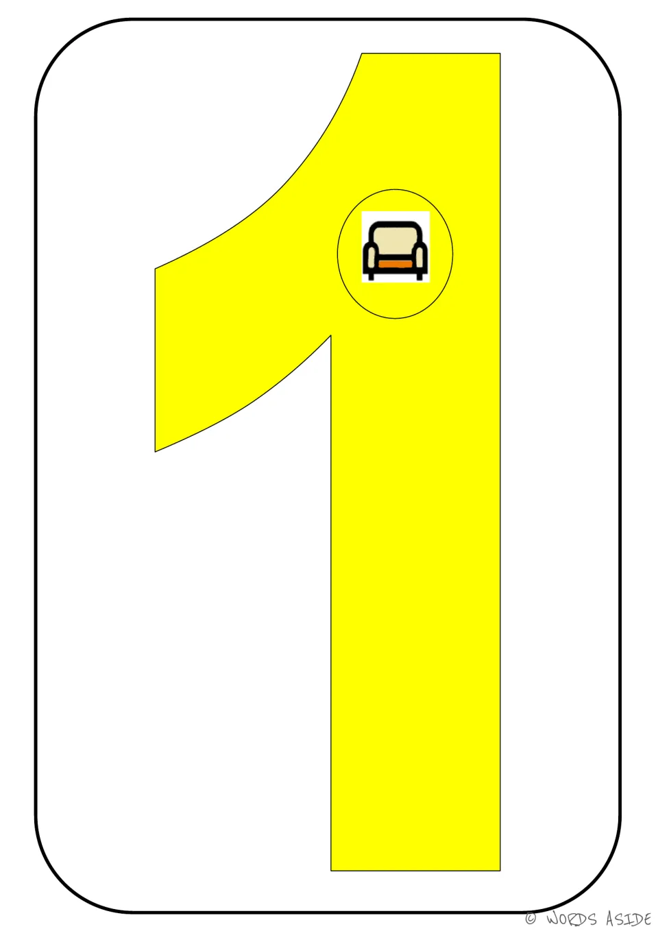 Number representation card 1 of 9: yellow numeral 1 containing one chair picture to show a quantity of 1.