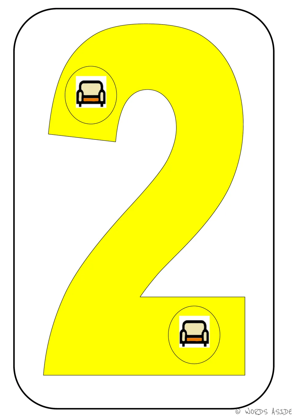 Number representation card 2 of 9: yellow numeral 2 containing two chair pictures to show a quantity of 2.