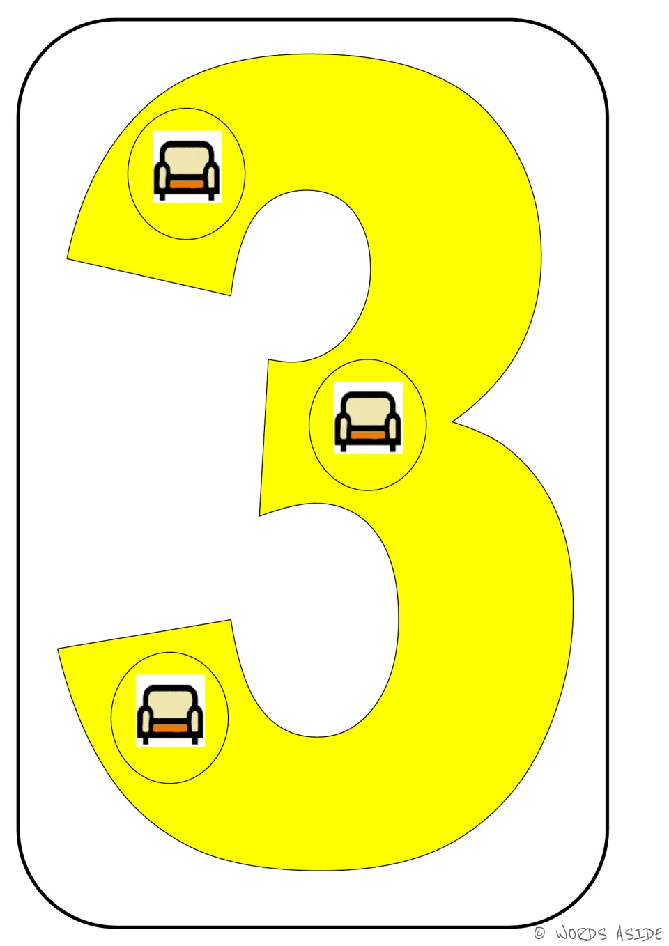 Number representation card 3 of 9: yellow numeral 3 containing three chair pictures to show a quantity of 3.