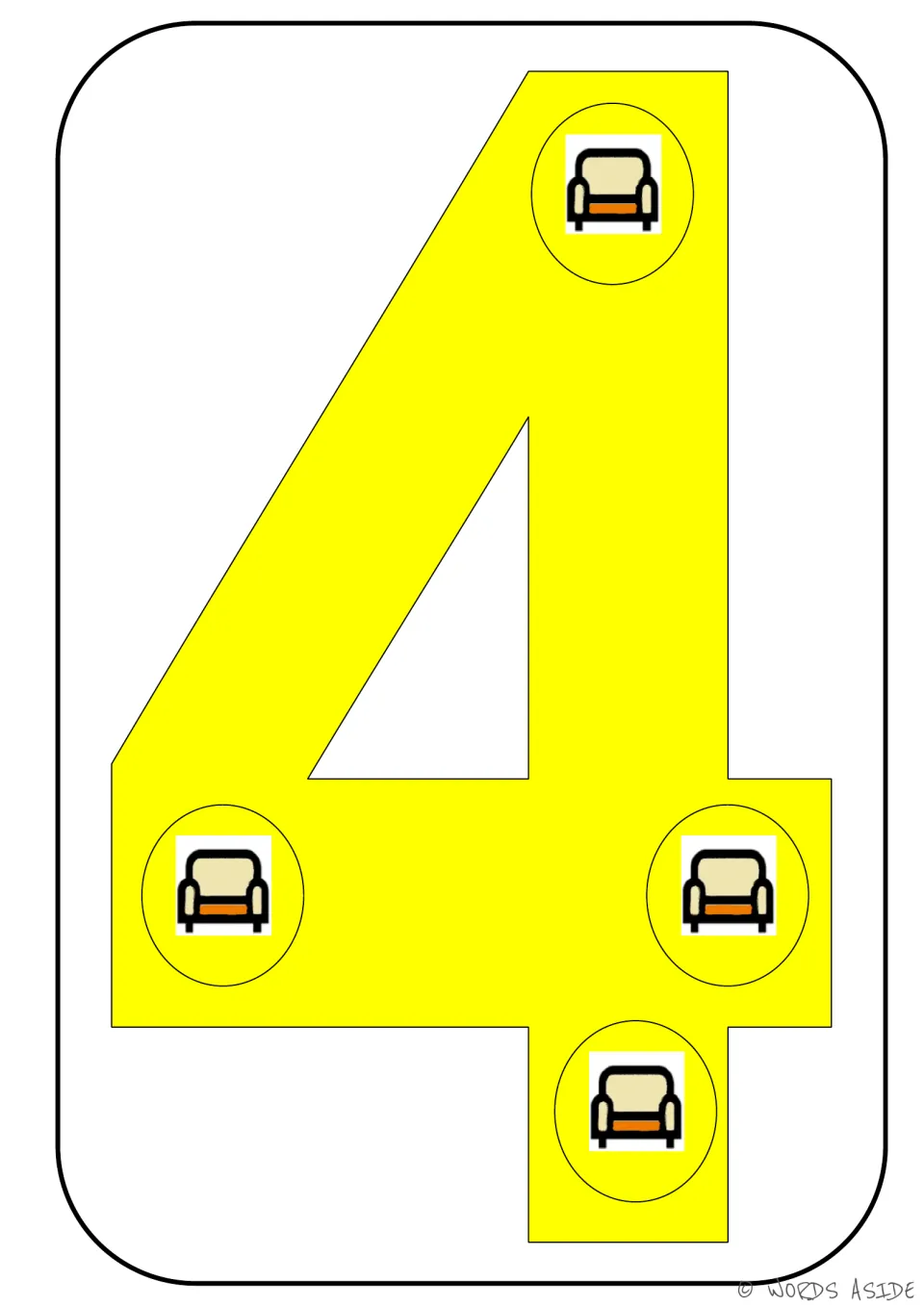 Number representation card 4 of 9: yellow numeral 4 containing four chair pictures to show a quantity of 4.