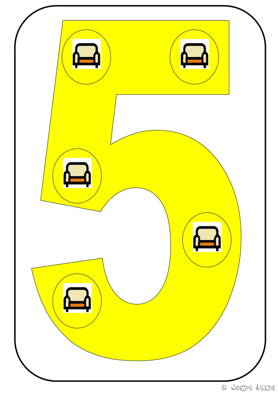 Number representation card 5 of 9: yellow numeral 5 containing five chair pictures to show a quantity of 5.