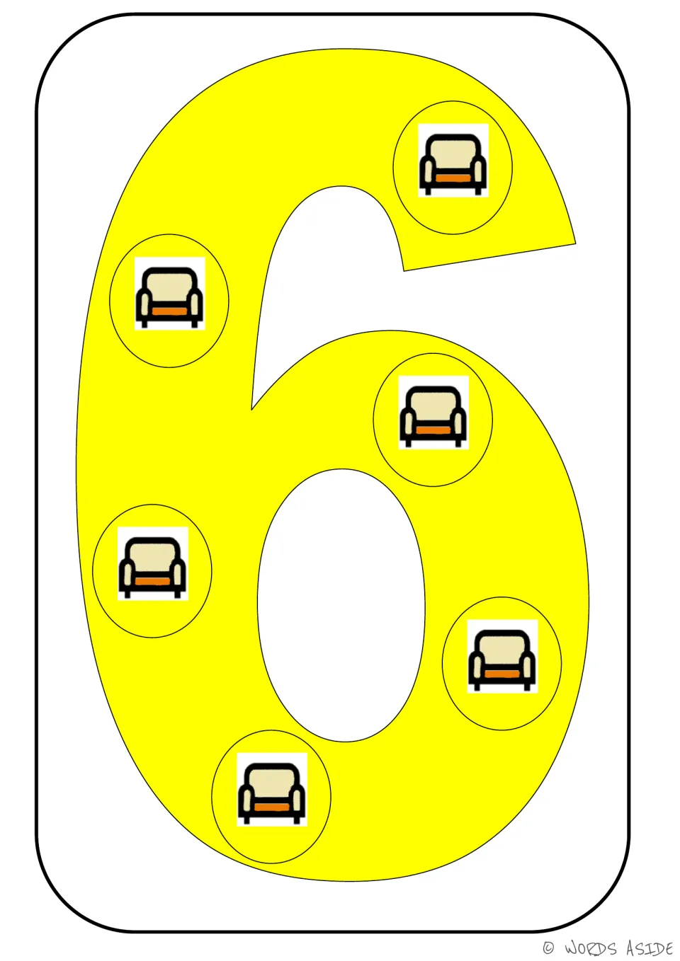 Number representation card 6 of 9: yellow numeral 6 containing six chair pictures to show a quantity of 6.