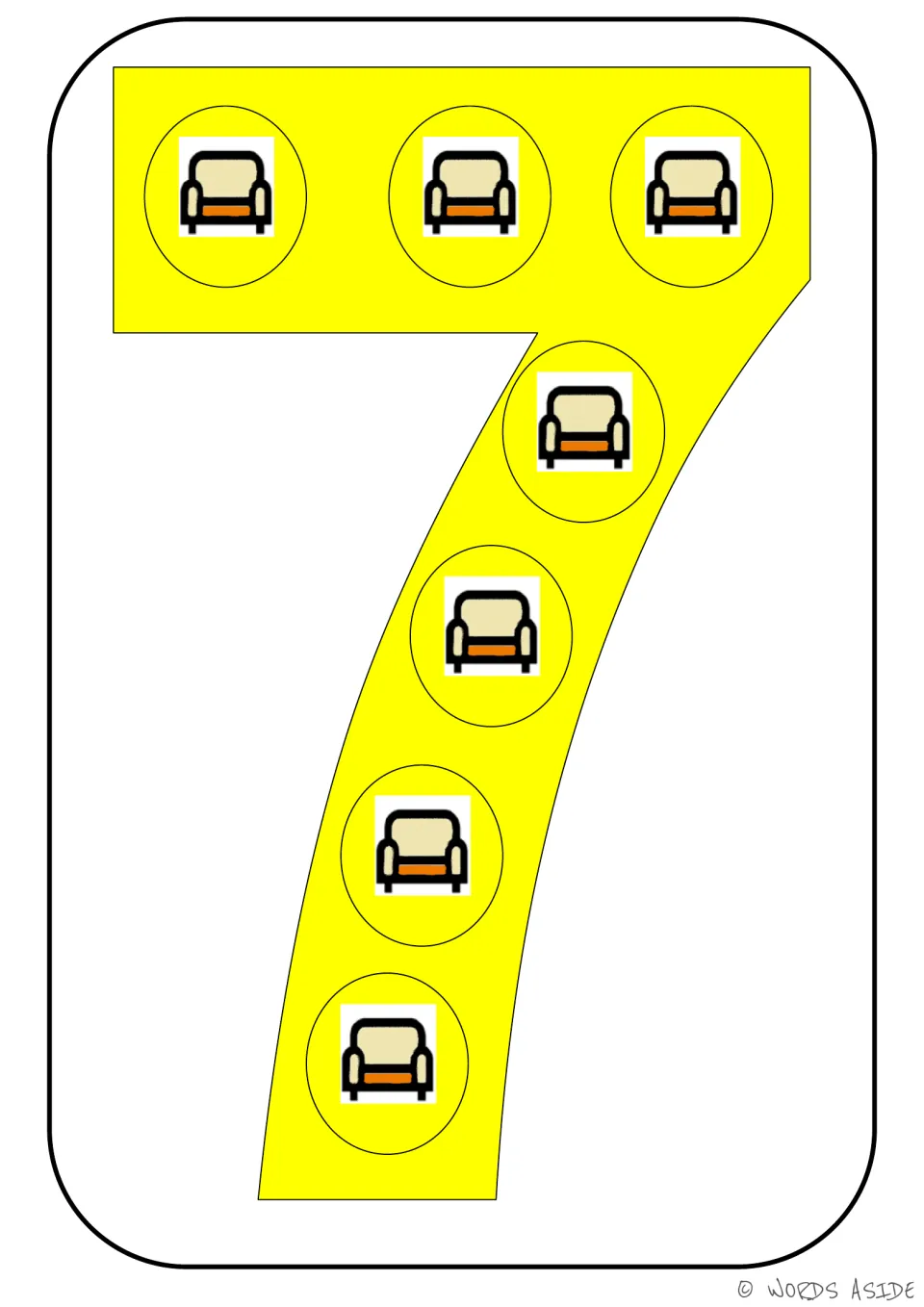 Number representation card 7 of 9: yellow numeral 7 containing seven chair pictures to show a quantity of 7.