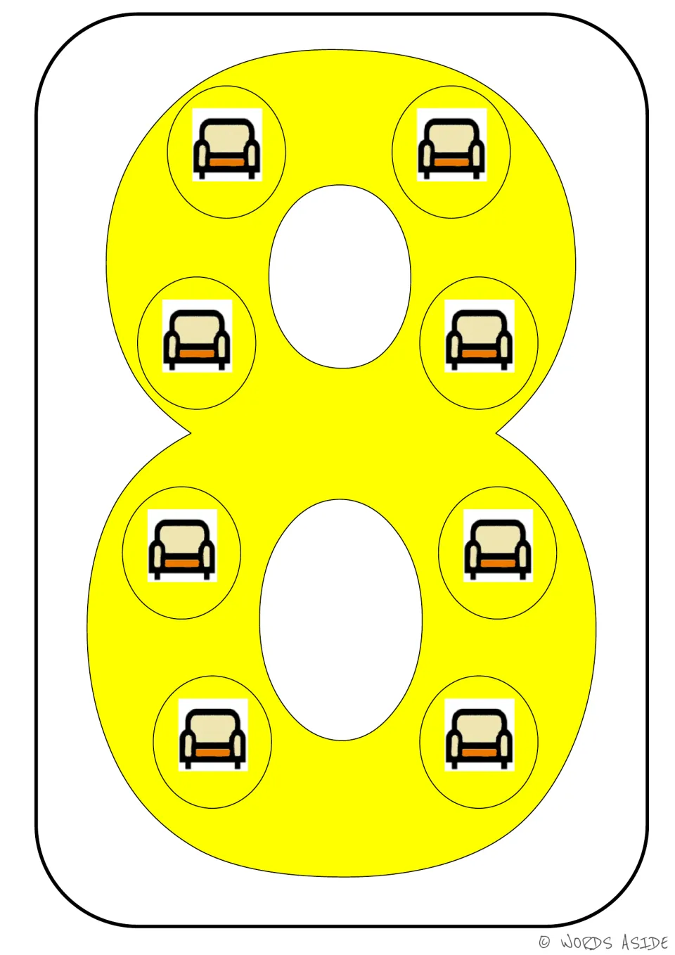 Number representation card 8 of 9: yellow numeral 8 containing eight chair pictures to show a quantity of 8.