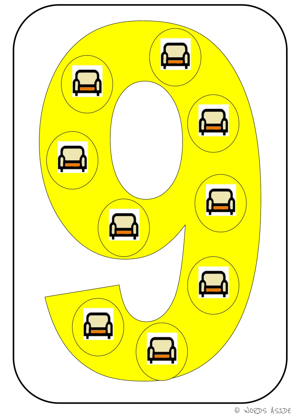 Number representation card 9 of 9: yellow numeral 9 containing nine chair pictures to show a quantity of 9.
