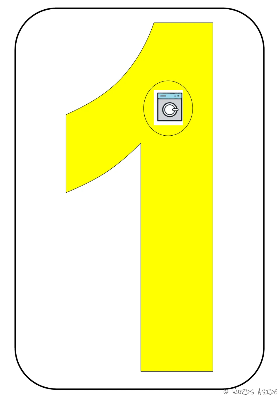 Number card 1 of 9: numeral 1 with one washing machine symbol representing its quantity for counting practice.
