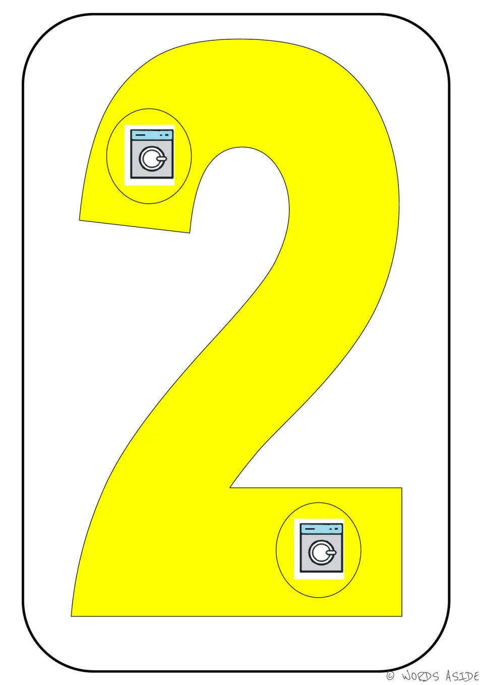 Number card 2 of 9: numeral 2 with two washing machine symbols representing its quantity for counting practice.