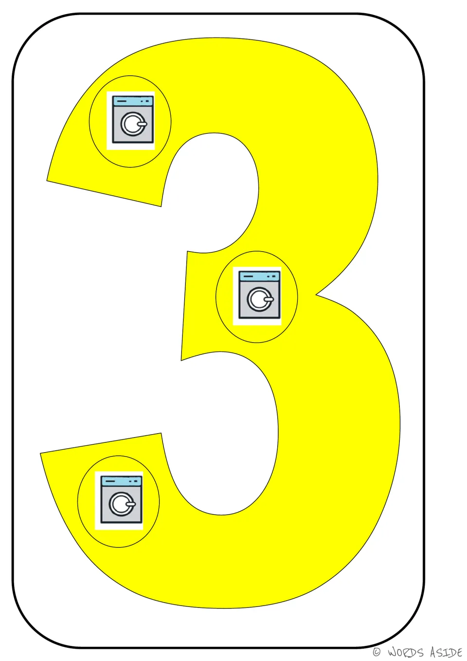 Number card 3 of 9: numeral 3 with three washing machine symbols representing its quantity for counting practice.