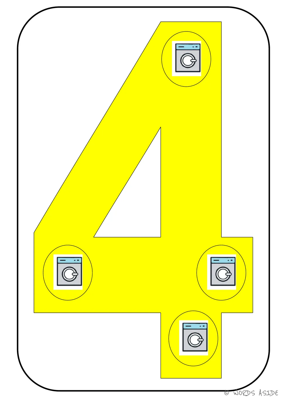 Number card 4 of 9: numeral 4 with four washing machine symbols representing its quantity for counting practice.