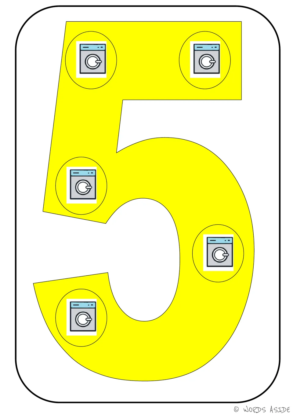 Number card 5 of 9: numeral 5 with five washing machine symbols representing its quantity for counting practice.