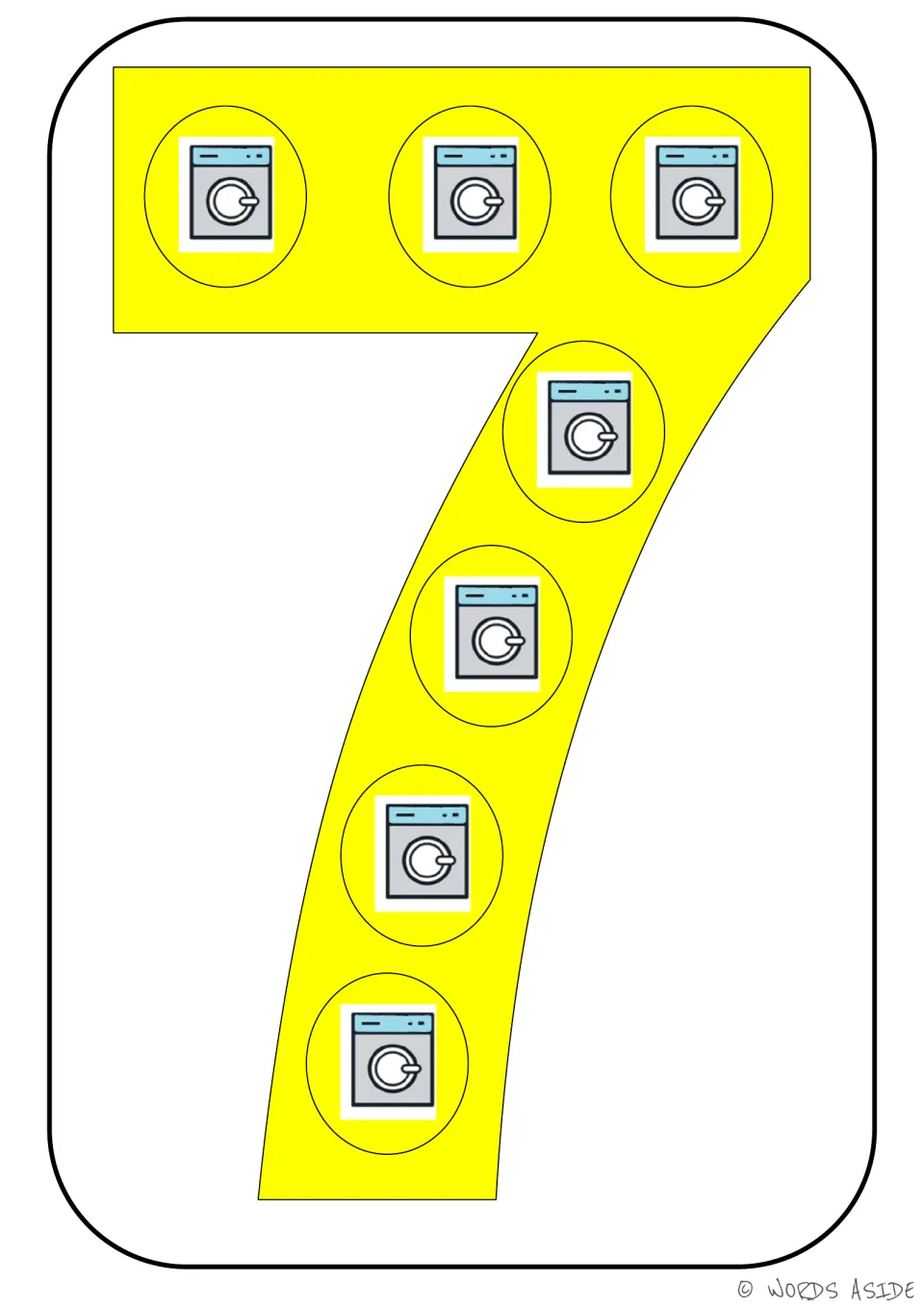 Number card 7 of 9: numeral 7 with seven washing machine symbols representing its quantity for counting practice.