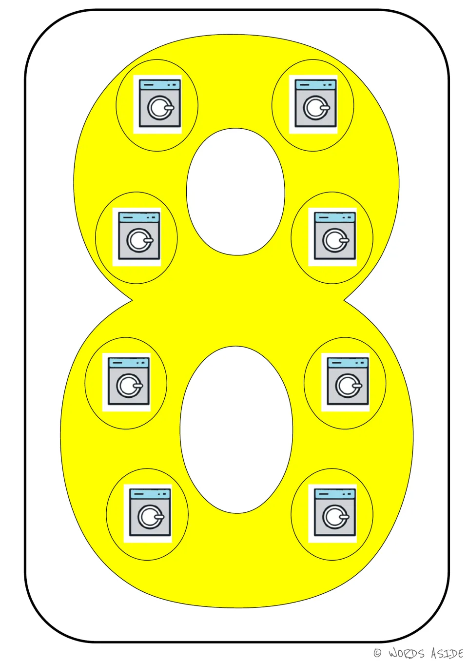 Number card 8 of 9: numeral 8 with eight washing machine symbols representing its quantity for counting practice.