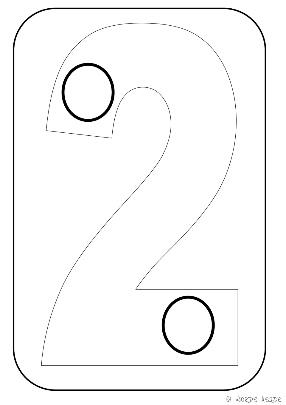 Number representation card 2 of 9: numeral 2 paired with two circles for number recognition and coloring.